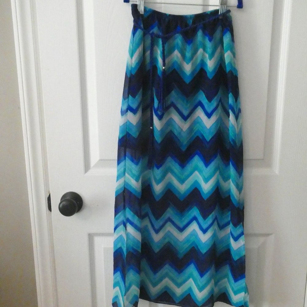 I.N. Girl Blue Sheer Maxi Skirt w/Inner Short Skirt, Belt Sz 10-12